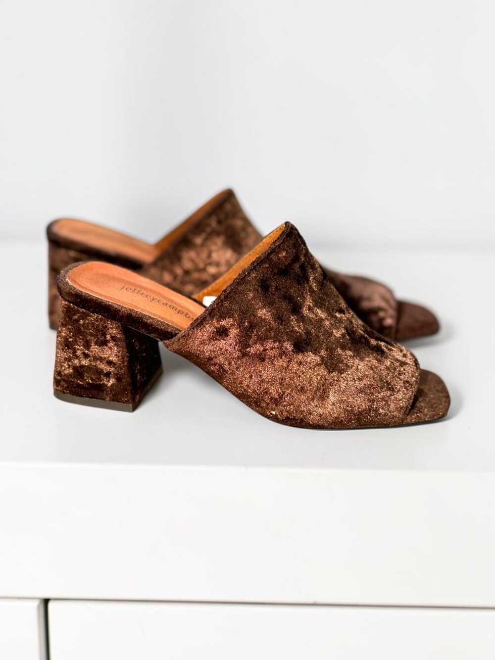 Jeffrey Campbell Chocolate Brown Velvet Open-Toe Block Heel Mules Size 7.5